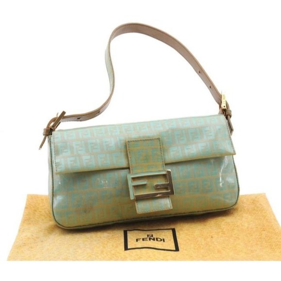 Fendi Aqua Blue Zucchino Shoulder Gold Khaki Patent Leather - Picture 1 of 11